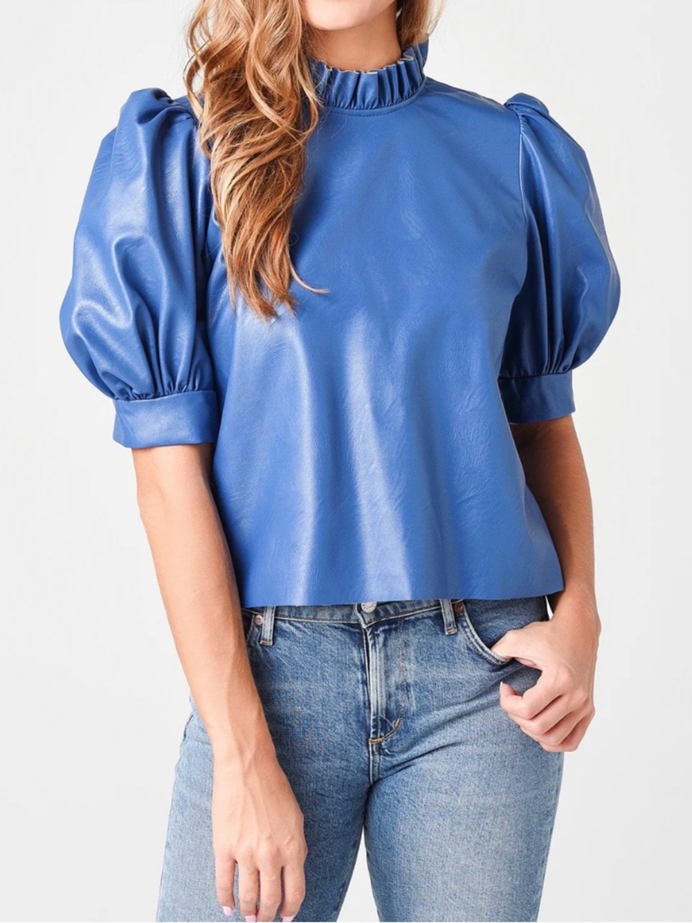 HUNTER BELL Stella Royal Blue Puff Sleeve Faux Leather Top Small